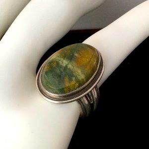Vintage Jasper Cabochon & Silver Ring Stamped Sterling Circle M - Louis J. Meyer